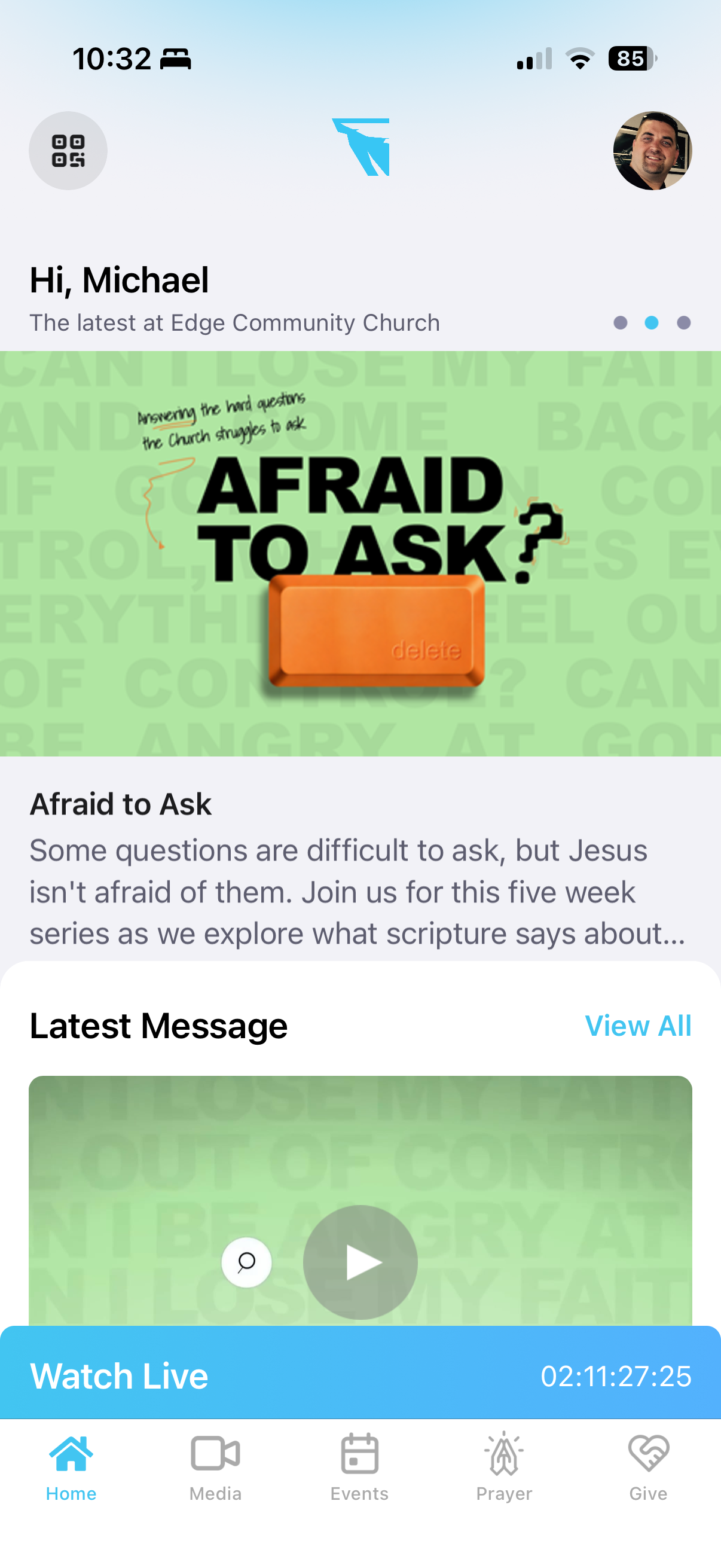 The Edge mobile app home screen showing messages, live video and navigation