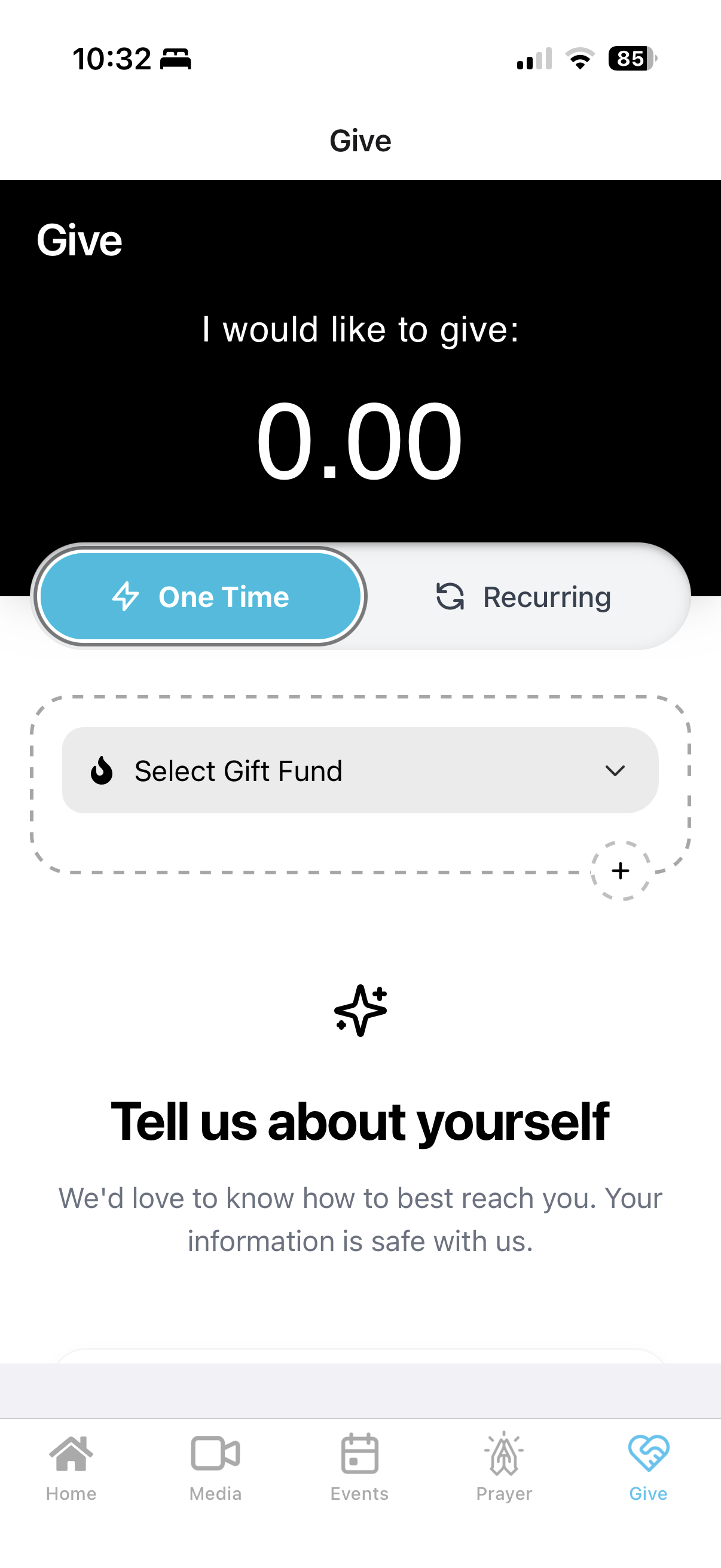 Secure giving screen in The Edge mobile app